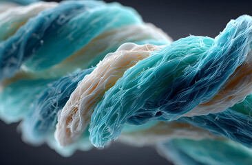 Molecular structure of collagen protein. Conceptual 3D render of cosmetic ingredient molecules. Science tech background illustration for beauty products. Abstract structure for science healthcare.