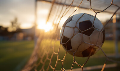 Naklejka premium soccer ball in goal at sunset