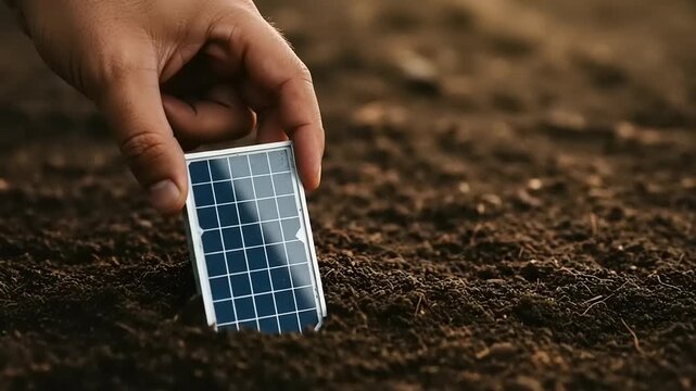 Hand placing a miniature solar panel into the earth, symbolizing sustainable energy and environmental care.,