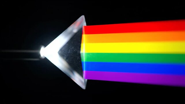 Prism Refracting White Light into Rainbow Spectrum on Black Background