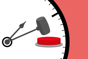 A clock&rsquo;s hand strikes a red button, symbolizing a time-driven trigger for an important action or deadline.