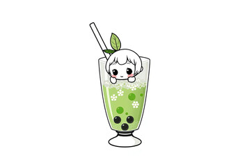 Adorable Chibi Character Peeking from a Refreshing Glass of Matcha Green Tea Bubble Tea with Boba Pearls, Kawaii Drink Illustration for Cafe and Menu Design