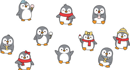 Cute penguin cartoon pattern vector with winter scarves hats ice cream poses playful characters © Sumon Creative