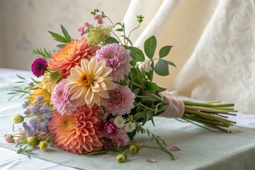 A loosely arranged bouquet of fresh dahlias and filler flowers in soft pastel hues, showcasing natural beauty.