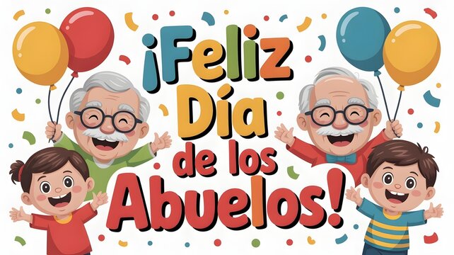 Cartoon Grandparents Day banner, smiling grandma and grandpa with grandchildren, Spanish text Feliz Dia de los Abuelos, happy family characters, colorful illustration, festive celebration