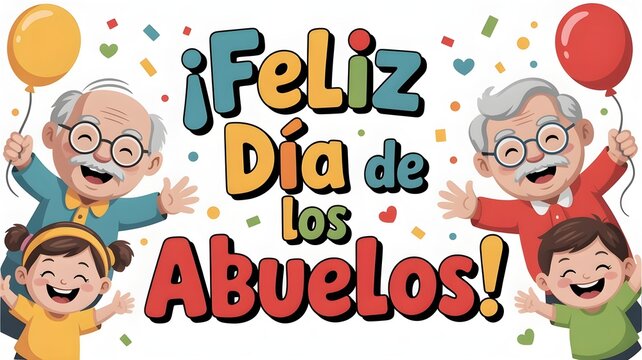 Cartoon Grandparents Day banner, smiling grandma and grandpa with grandchildren, Spanish text Feliz Dia de los Abuelos, happy family characters, colorful illustration, festive celebration