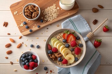 A Wholesome Bowl of Oatmeal Topped with Fresh Fruits, Nuts, and Berries, Presented in a Deliciously Arranged Morning Meal.