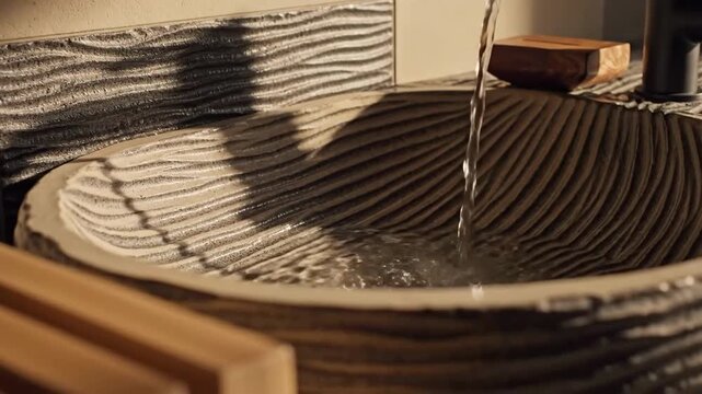 Tranquil Flow: A Serene Bathroom Scene Featuring Water Cascading into a Modern Textured Sink