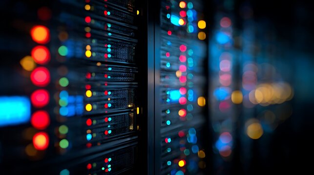 Rows of servers lit by vibrant lights in a data center. Data storage and technology concept - Powered by Adobe
