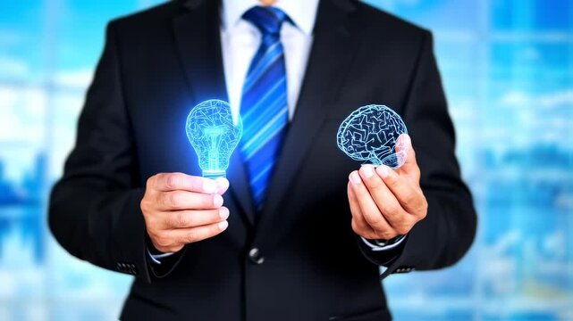 A suited person holds glowing lightbulb and brain, symbolizing innovation and intelligence