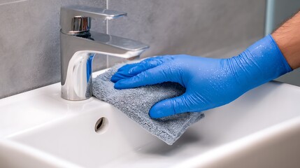 A hand, gloved in blue, cleans a chrome faucet in a white bathroom