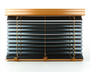 High quality close up front view of modern black horizontal window blinds with wooden frame isolated on white background for interior design and home decor concepts