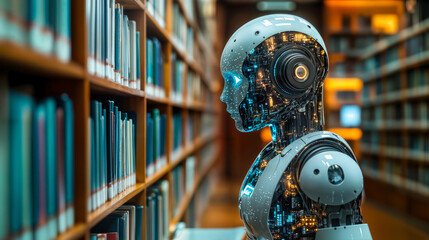 Futuristic humanoid robot with transparent mechanical structure browsing books in modern library emphasizing AI-driven educational tutoring technology and intelligent learning systems