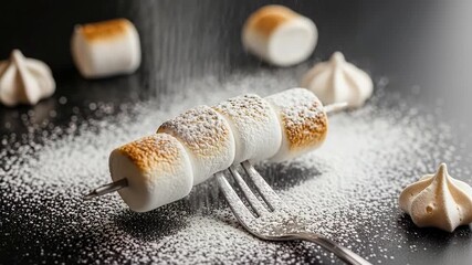 Succulent toasted marshmallows on skewers dusted with powdered sugar in a dark studio setting.