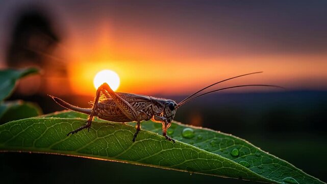 Close up of a delicate insect perched on a leaf during a vibrant sunset.