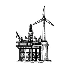This detailed hand-drawn illustration features an offshore oil rig juxtaposed with a towering wind turbine, symbolizing the evolving landscape of global energy production.