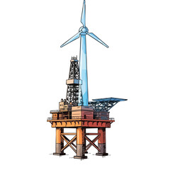 An illustration featuring an offshore oil platform and a wind turbine, symbolizing the global energy transition towards sustainable and hybrid power generation.