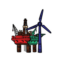 A vibrant illustration juxtaposing a traditional offshore oil rig with a modern wind turbine, symbolizing the critical global shift towards sustainable energy.