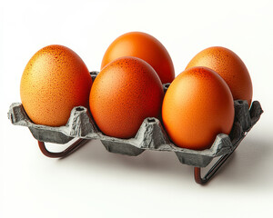 Close-up of five brown eggs with textured shells in a gray recycled paper egg carton on white background showing natural color and detailed patterns