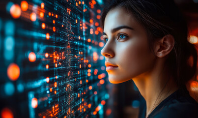 Young woman analyzing futuristic digital data interface with glowing orange and blue lights and artificial intelligence technology concepts in dark environment