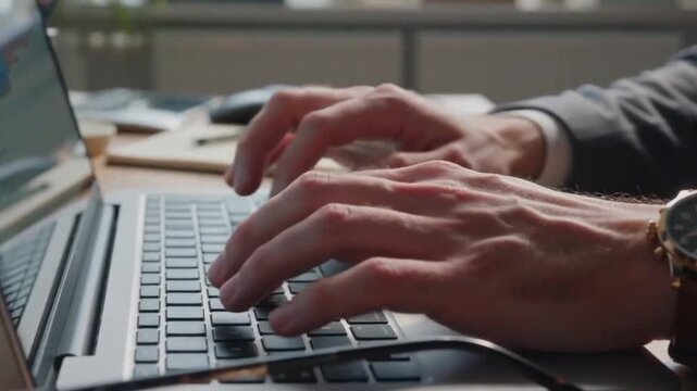 Professional Hands Typing on Laptop in Modern Office Environment