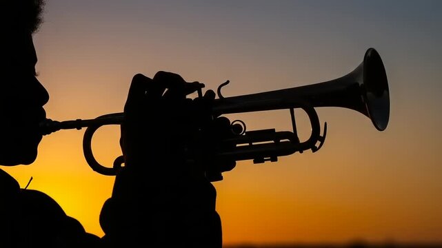 Silhouette of a musician playing the trumpet at sunset, capturing the beauty of music and nature.,