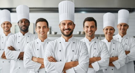 A smiling group of professional chefs standing proudly together in their kitchen uniforms, showcasing culinary expertise and teamwork.