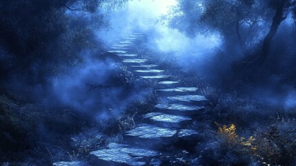 A mysterious staircase in a misty forest creates a mystical atmosphere, serving as the perfect backdrop for fantasy books or films.