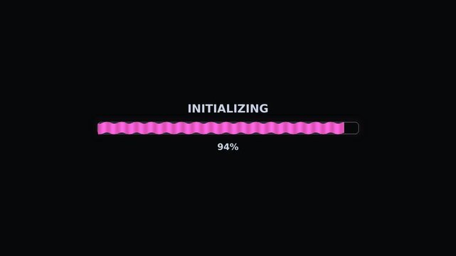 A progress bar animation displays an initializing status that reaches 100 percent. The bar features a simple pink design against a black background, showing completion of a process.