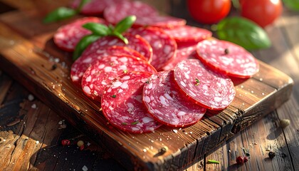 Italian salami sliced on ceramic plate resting on rustic wooden background realistic hd food photography emphasizing texture marbling cured meat traditional cuisine artisanal presentation warm lightin