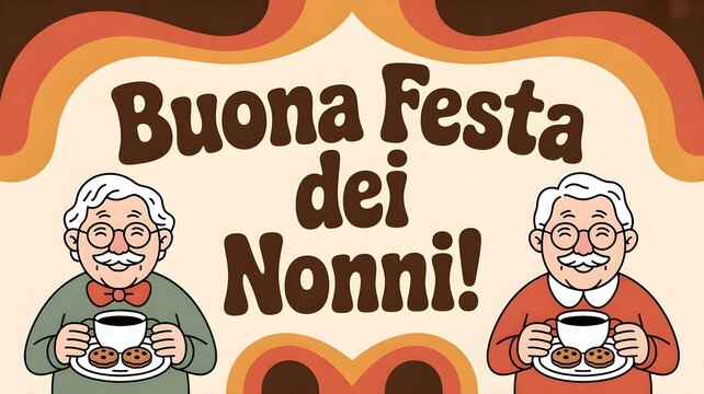 Day banner with text Buona Festa dei Nonni, happy grandma and grandpa with grandchildren, cartoon style family illustration, festive celebration, greeting card design