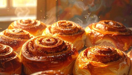 Food dessert pastry tasty cinnamon rolls shown in a closeup with soft layers golden crust sweet glaze warm texture fresh baked look inviting aroma comfort home bakery style treat presentation