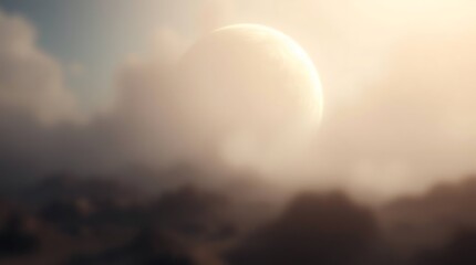 Soft focus image of a solar eclipse with clouds in the sky.