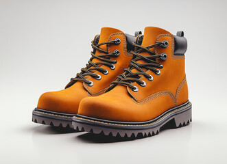 Pair of orange rugged leather jackboots with black laces and heavy tread soles on white background high detail footwear fashion image