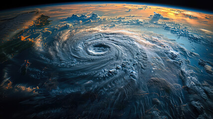 Satellite view of powerful typhoon eye with swirling clouds over ocean at sunset showing atmospheric conditions and storm formation high resolution natural disaster image