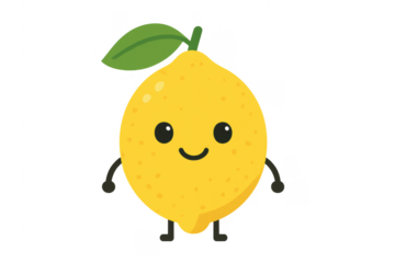 Yellow lemon fruit cartoon character smiling with leaf