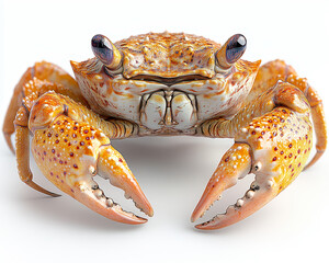 Hyperrealistic detailed close-up of vibrant orange crab with textured shell and large claws isolated on white background showcasing marine crustacean anatomy and natural colors