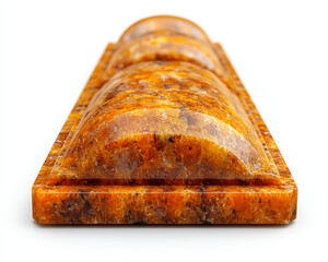 Polished brown marble stone edging with glossy surface texture isolated on white background high detail closeup