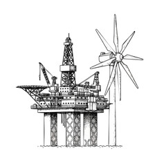 Illustration of an offshore oil rig and a wind turbine, representing energy production and transition.