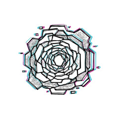 Abstract geometric digital art with glitch effect, representing a stylized flower or fractal pattern.