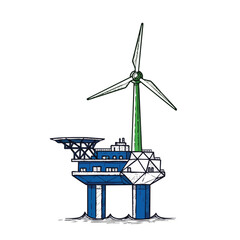 Illustration of an offshore wind turbine platform generating clean energy in the ocean with a sketch art style.