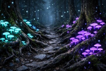 Mystical forest path lit by bioluminescent fungi and sparkling lights