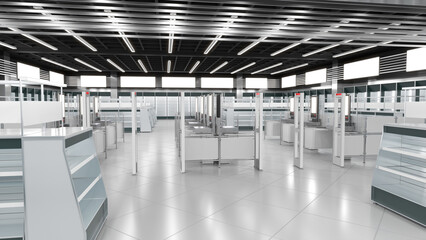 Store interior with showcases, anti-theft gates, self-service checkouts, slatwall cabinets against the wall and banners. 3d illustration