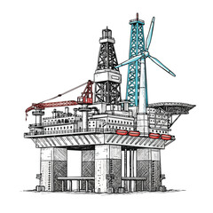 A detailed sketch of an offshore oil rig integrated with a wind turbine, symbolizing energy transition and industry.