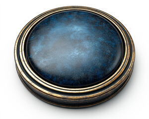 Hyperrealistic textured metallic button with blue patina surface and ornate antique gold rim on white background close-up