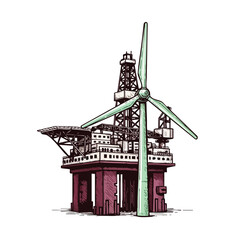 Offshore oil rig and wind turbine illustration symbolizing energy transition and sustainable power generation.