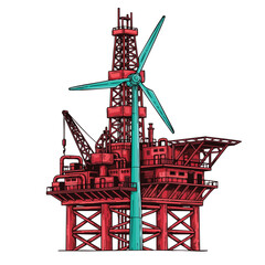 Offshore oil rig platform integrated with a wind turbine, symbolizing energy transition and renewable power generation.