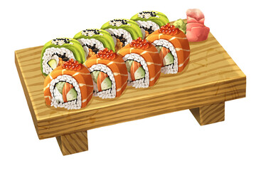 Premium realistic hand-drawn watercolor illustration of sushi rolls or uramaki topped with salmon, avocado, and salmon roe or ikura on a wooden sushi geta. Isolated on white background.