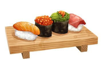 Premium realistic hand-drawn watercolor illustration of sushi set on a wooden geta includes salmon nigiri, salmon roe or ikura, gunkan, seaweed salad, and tuna nigiri. Isolated on white background.