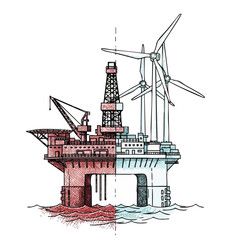 Illustration of an offshore oil rig transitioning to a wind farm, symbolizing energy transition and renewable power.